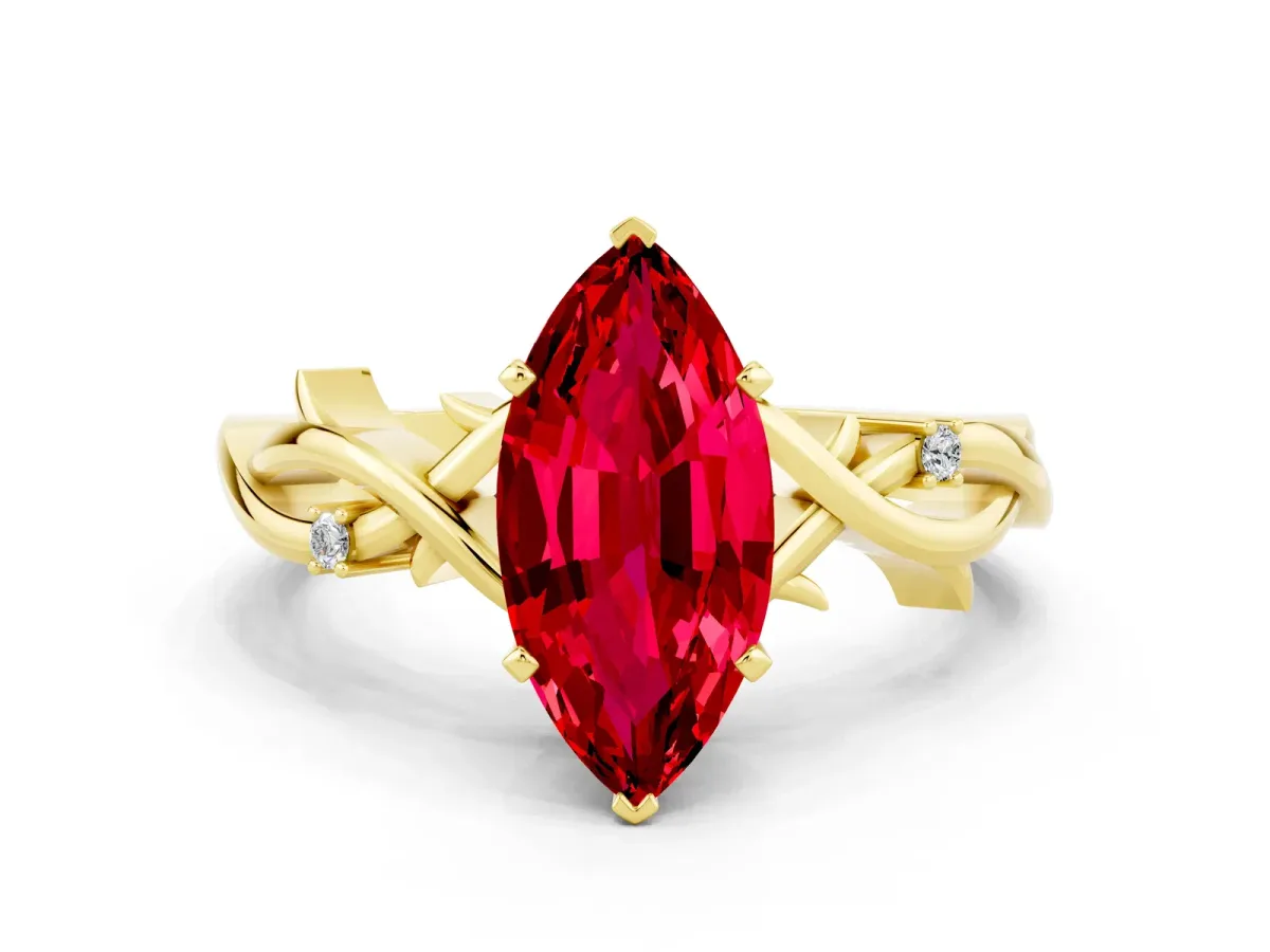 Marquise Cut Ruby Solitaire Ring with Twisted Band and Prong Setting Yellow gold