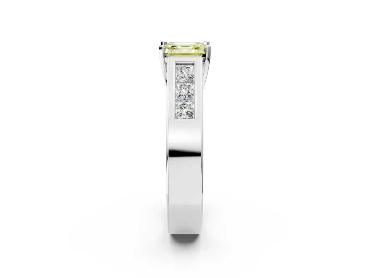 Fancy Yellow Asscher Cut Cut Channel Set Solitaire Ring with Four-Prong Setting White gold