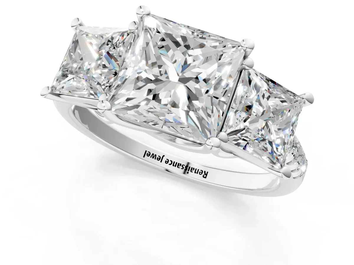 Three-Stone Princess Cut Diamond Ring with Round Pavé Band and Prong Setting Platinum