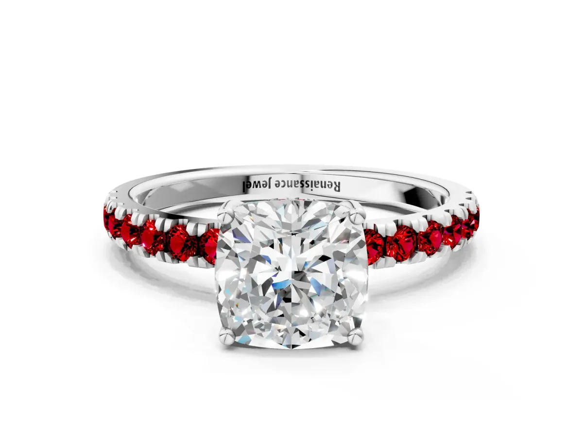 Cushion Cut Diamond Pave Band Solitaire Ring with Round Ruby and Prong Setting Platinum