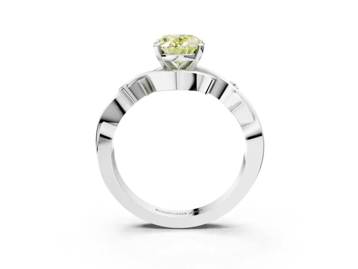 Fancy Yellow Oval Cut Diamond Solitaire Ring with Twisted Band and Prong Setting Platinum