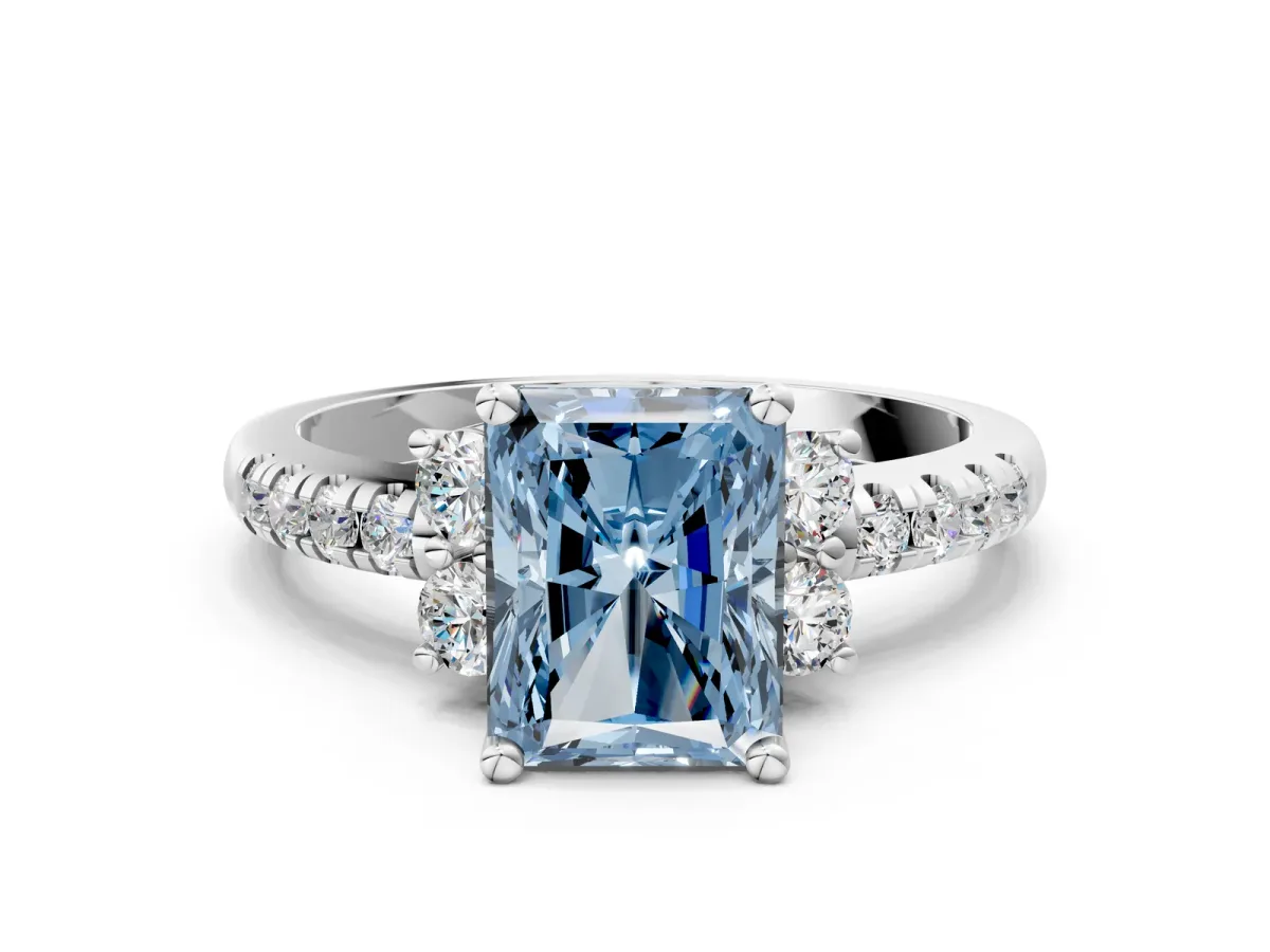 Fancy Blue Radiant Cut Diamond Three-Stone Pave Band with Four-Prong Setting Platinum
