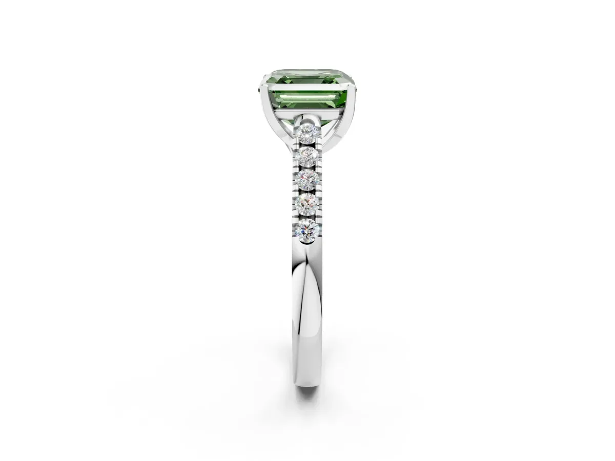 Fancy Green Asscher Cut Diamond Pavé Band Solitaire Ring with Prong Setting Platinum