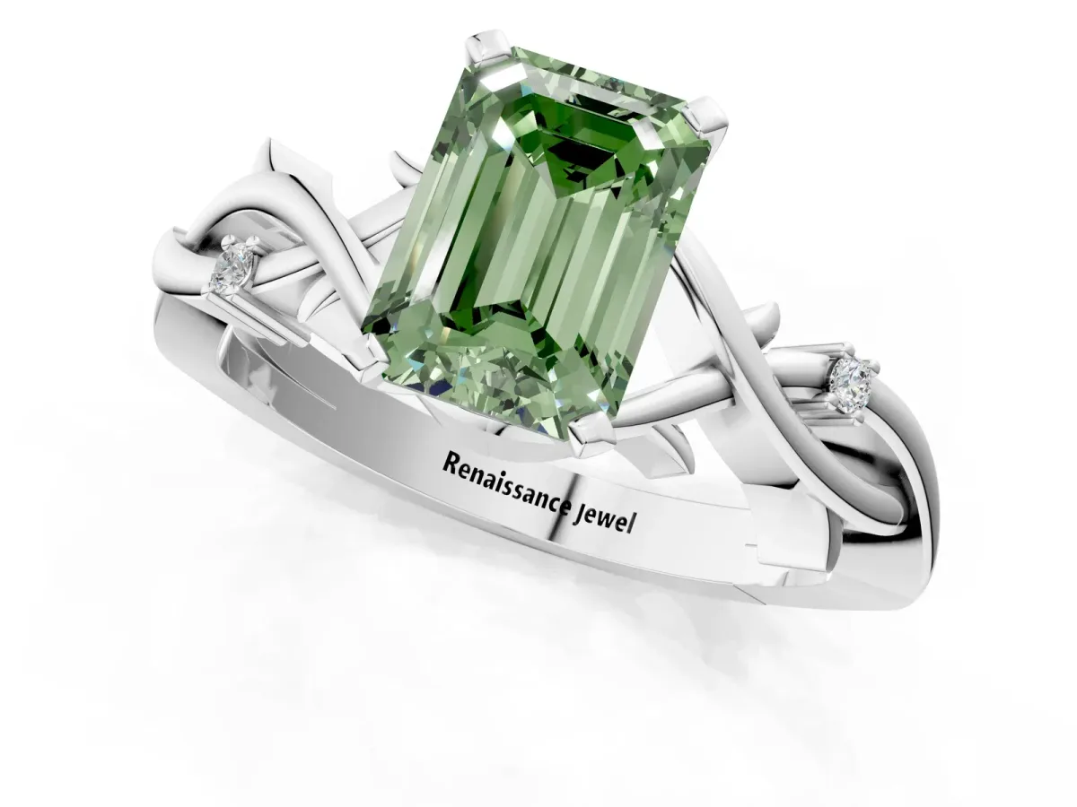 Fancy Green Emerald Cut Diamond Solitaire Ring with Twisted Band and Prong Setting Silver
