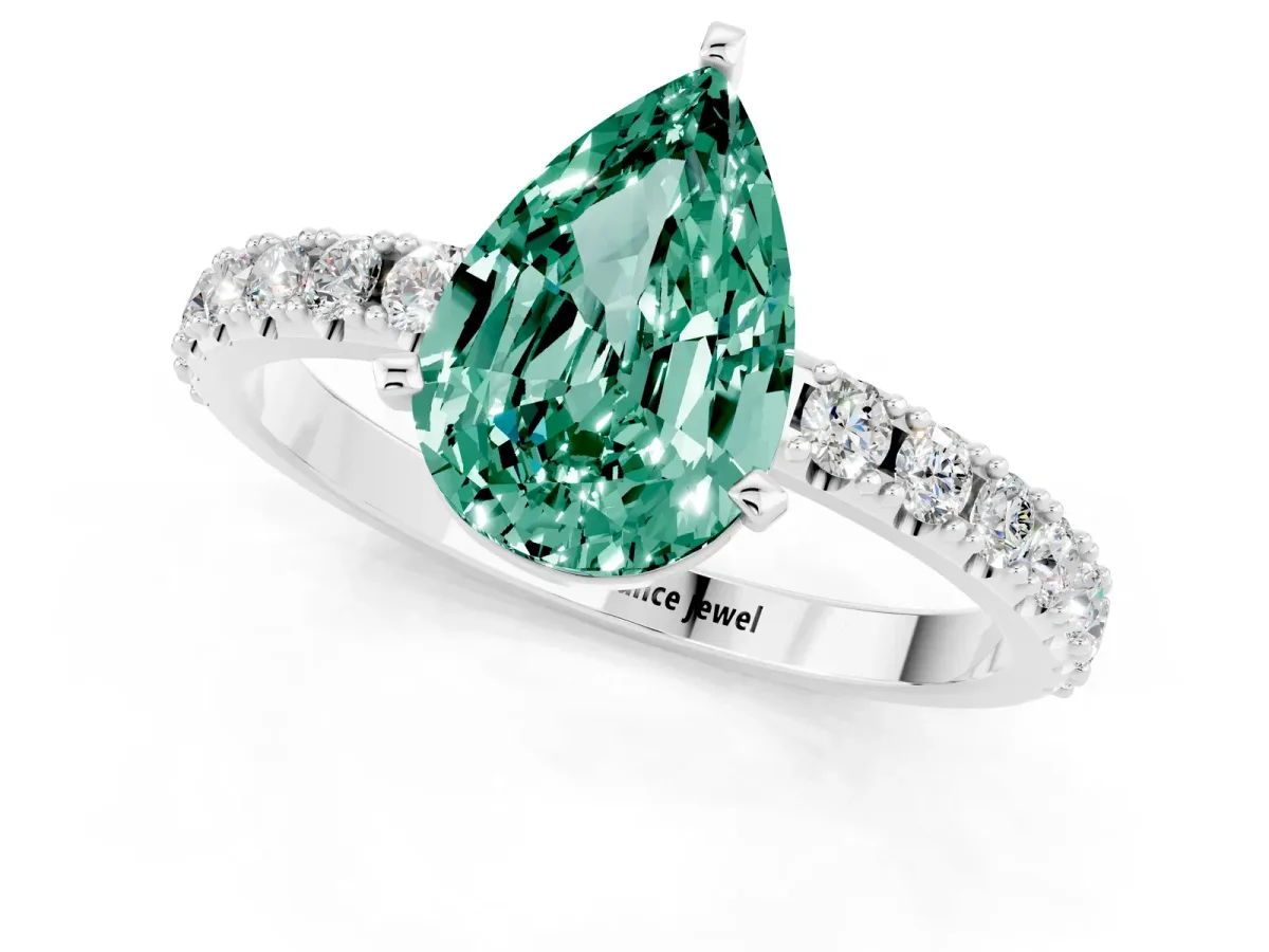 Pear Cut Green Sapphire Solitaire Pavé Band with Four-Prong Setting Silver