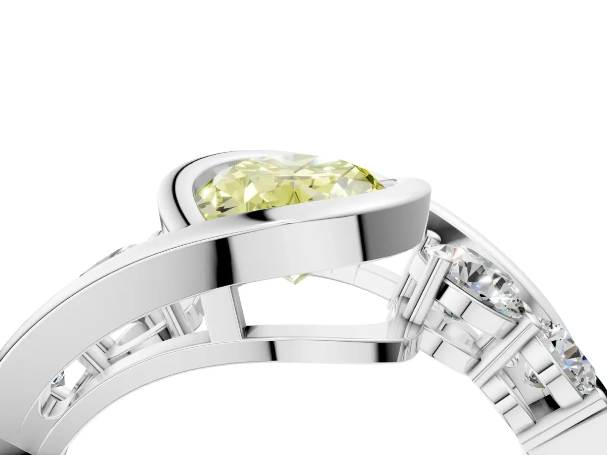 Fancy Yellow Bezel Set Oval Cut Diamond Bypass Ring with Round Accents Platinum