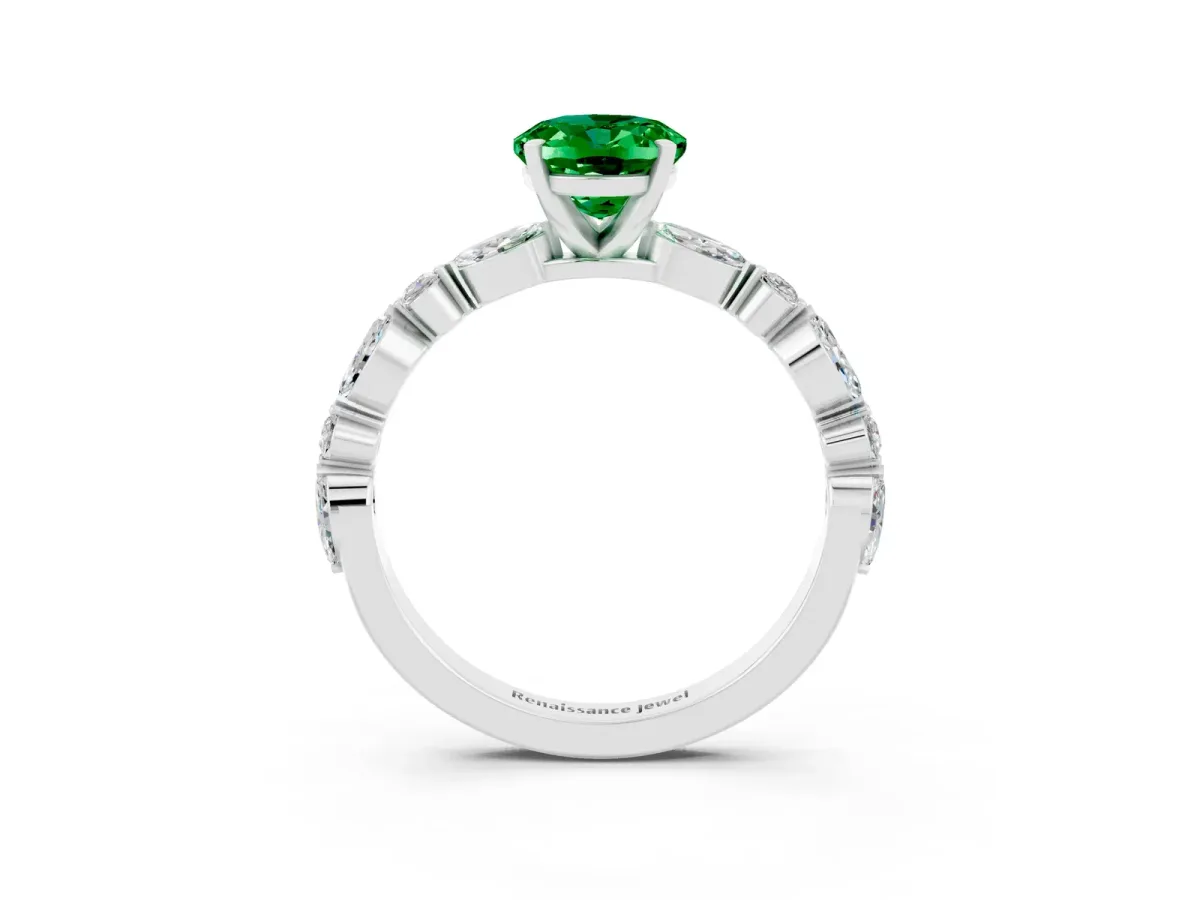 Oval Cut Emerald Ring with Marquise and Round Side Stones and Four-Prong Setting Silver