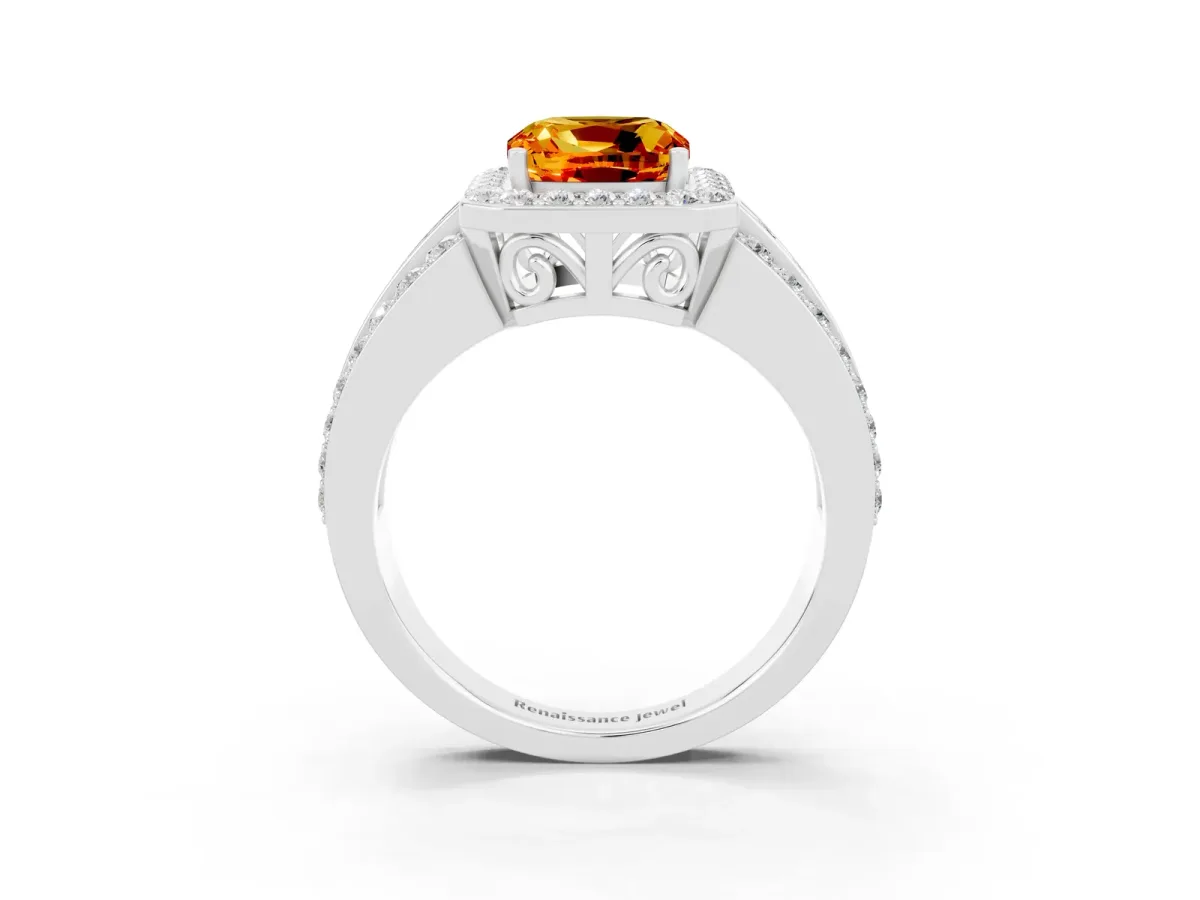 Cushion Cut Halo Citrine Ring with Round Split Shank and Prong Setting Platinum