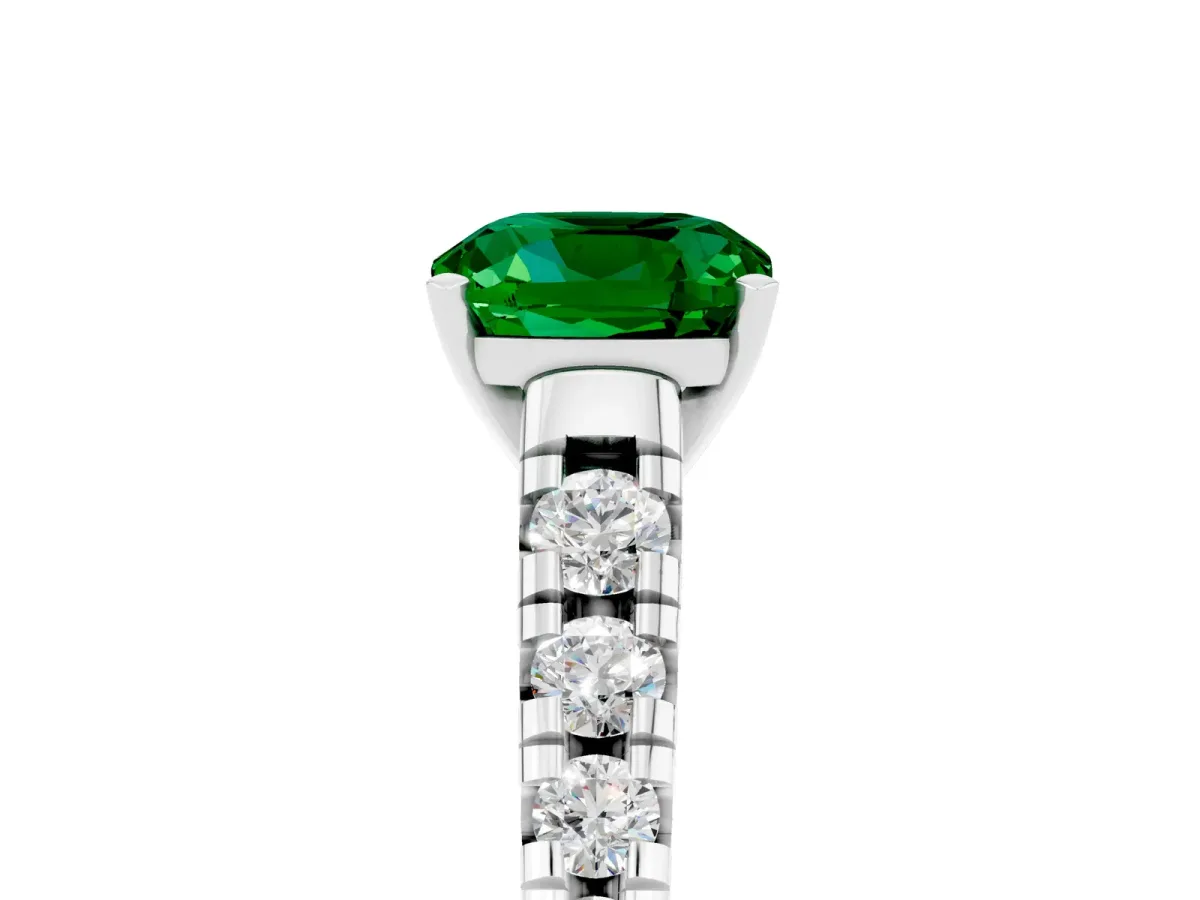 Cushion Cut Emerald Cathedral Solitaire Ring with Round Pavé Band Platinum