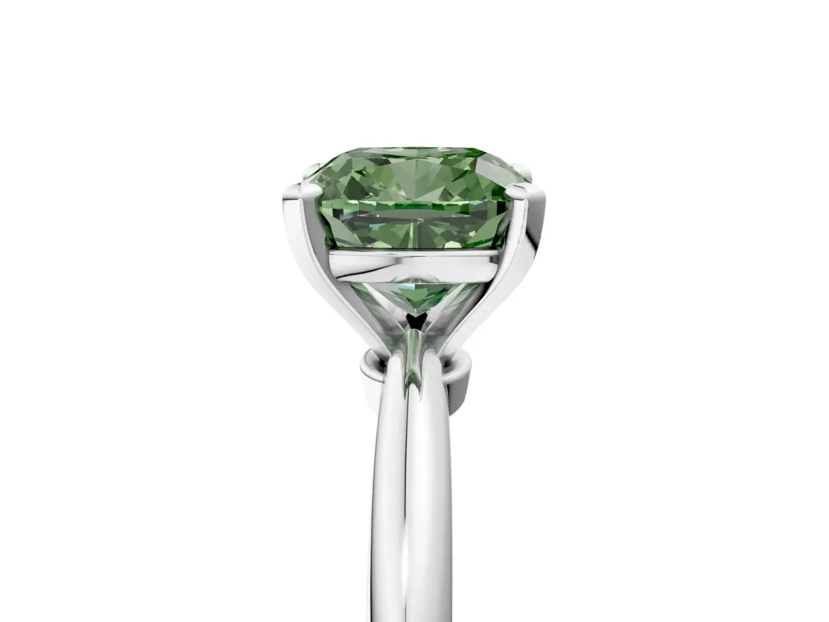 Fancy Green Cushion Cut Diamond Solitaire Ring with Six-Prong Setting and Classic Band Silver