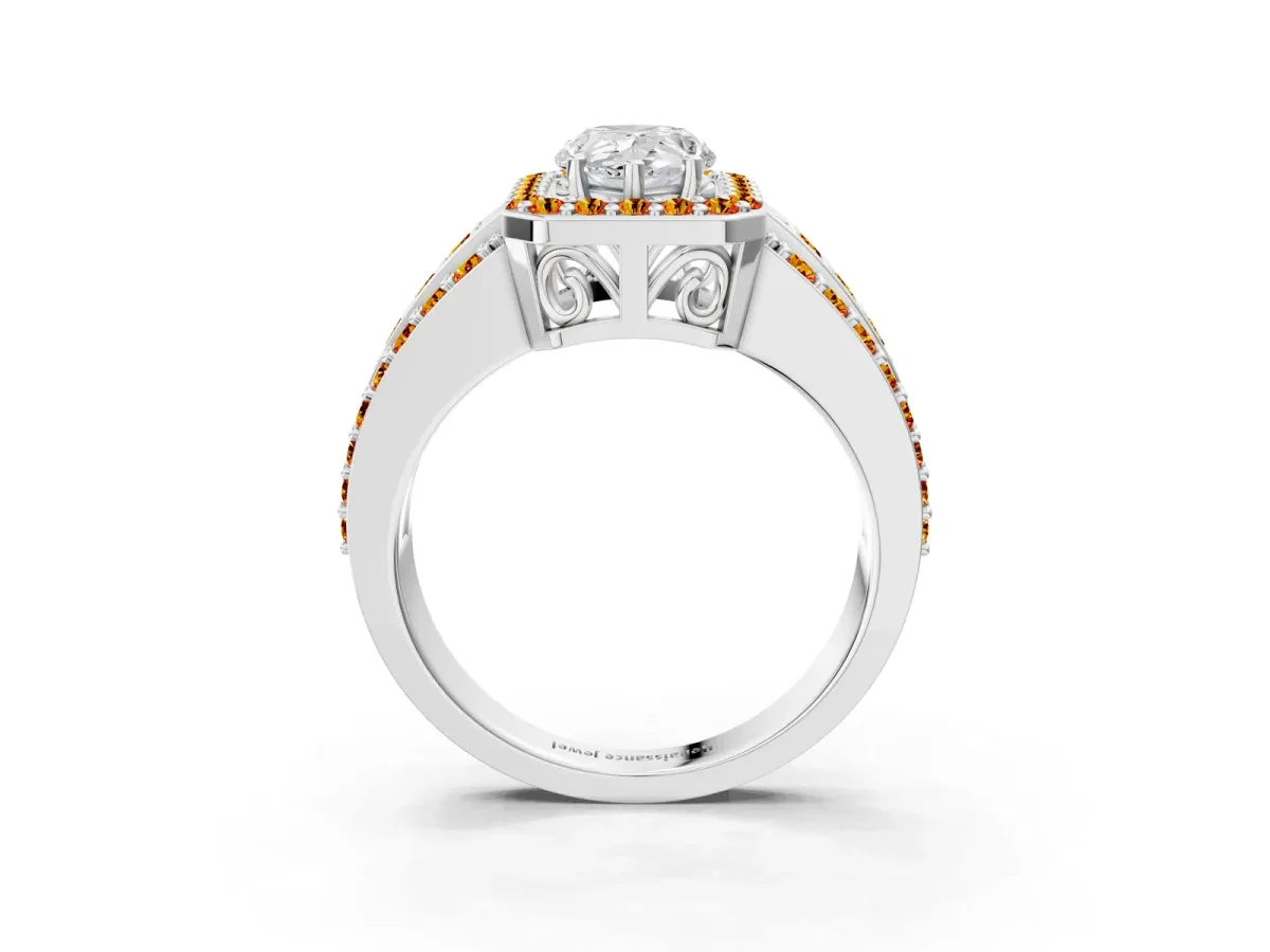 Pear Cut Halo Diamond Ring with Round Citrine Split Shank and Prong Setting Silver