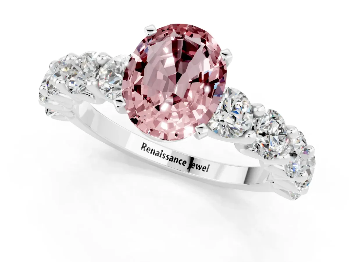 Oval Cut Morganite Prong Setting with Side Stones on a Pave Band Silver