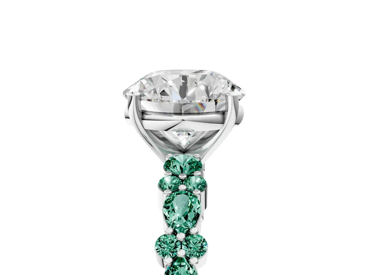 Round Cut Diamond Side Stone Solitaire Ring with Round Green Sapphire and Four-Prong Setting Silver