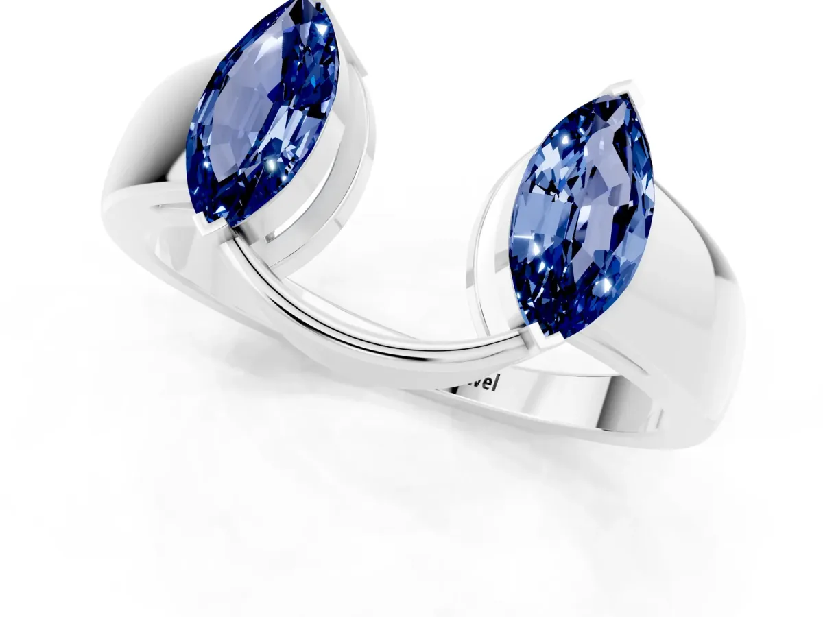 Marquise Blue Sapphire Open Band Ring with Tension Setting White gold