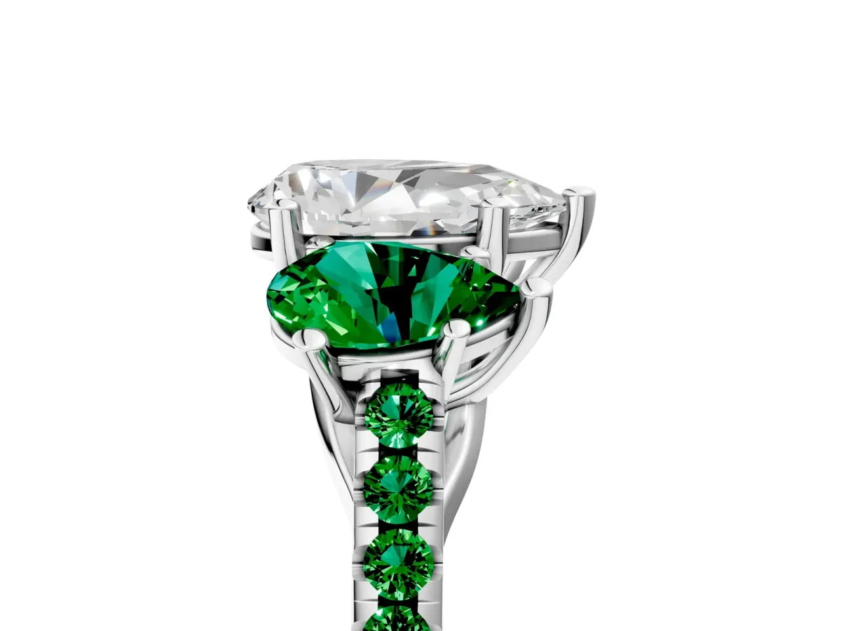 Three-Stone Pear Cut Diamond Ring with Round Emerald Pavé Band and Prong Setting Silver