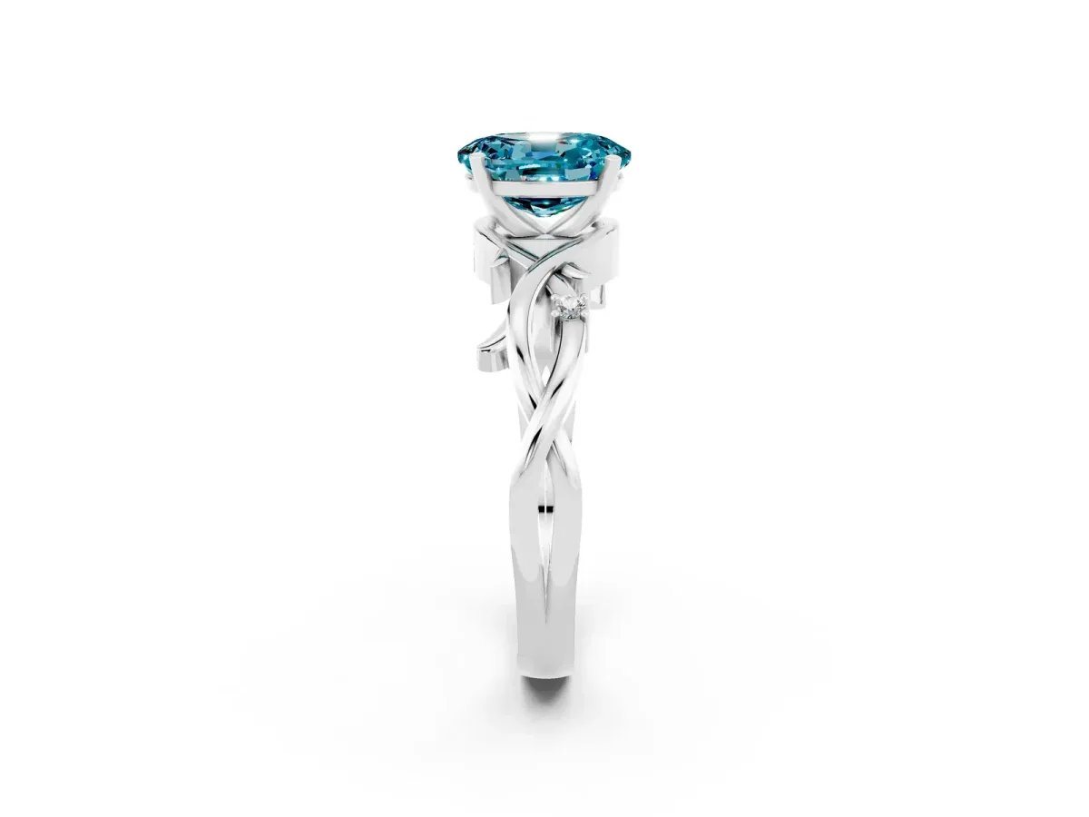 Oval Cut Blue Topaz Solitaire Ring with Twisted Band and Prong Setting Silver
