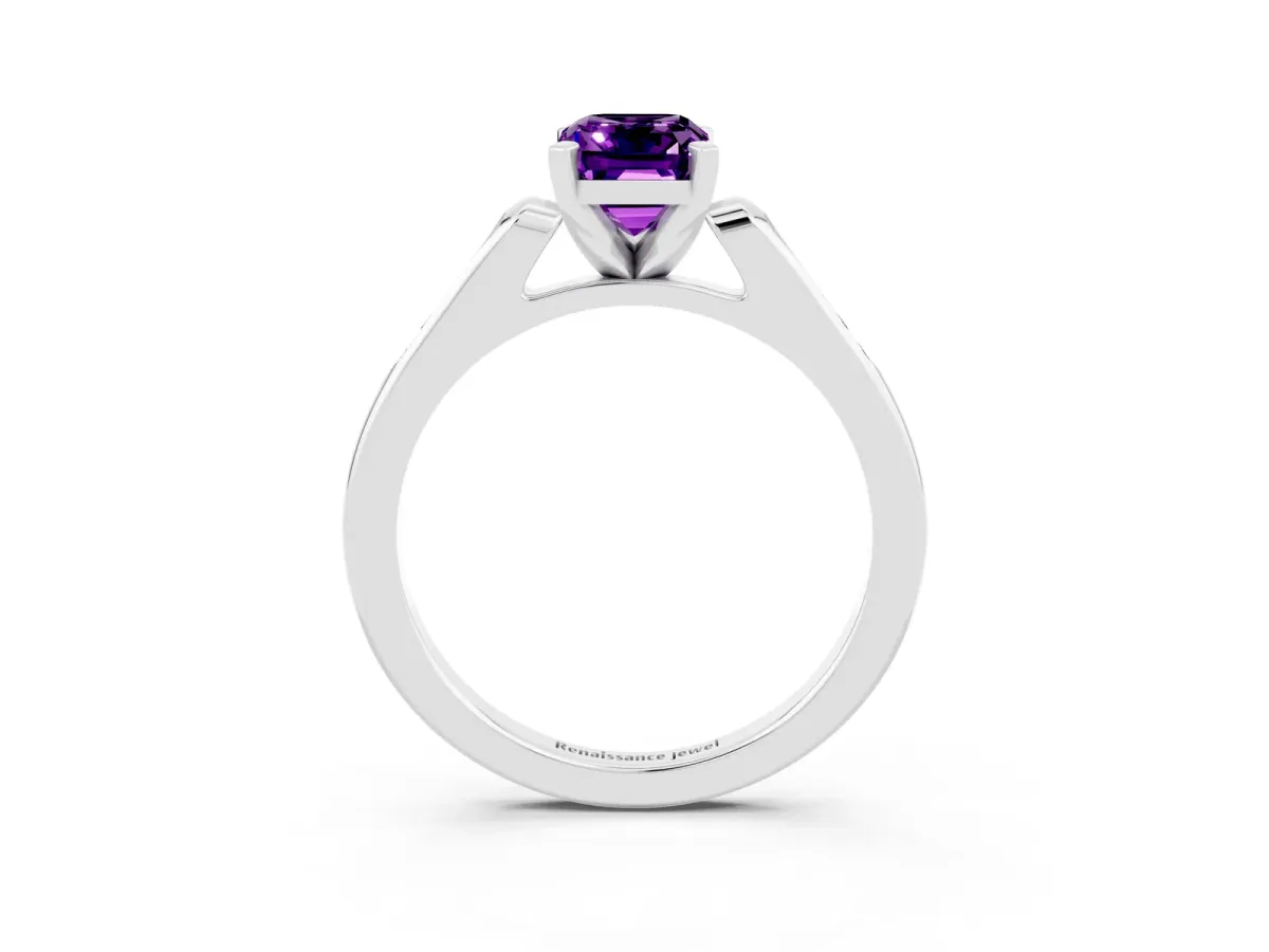 Emerald Cut Amethyst Solitaire Ring with Channel Set Round Band and Prong Setting Silver