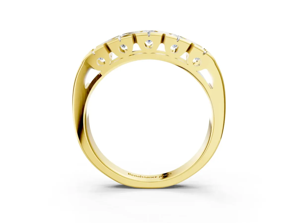 Channel Set Round Diamond Flat Band with Prong Setting Yellow gold