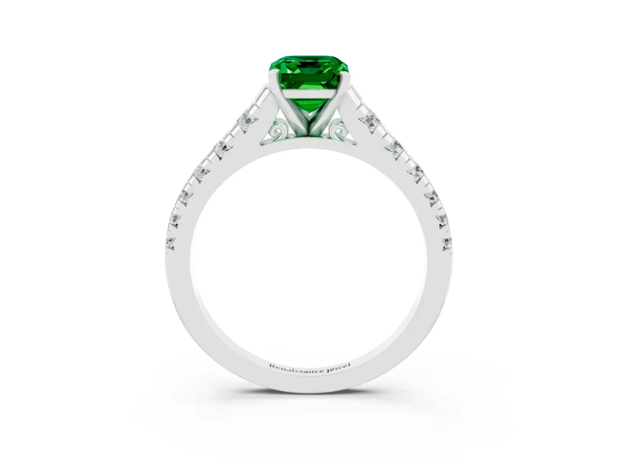 Emerald Cut Emerald Cathedral Solitaire Ring with Round Pavé Band Silver