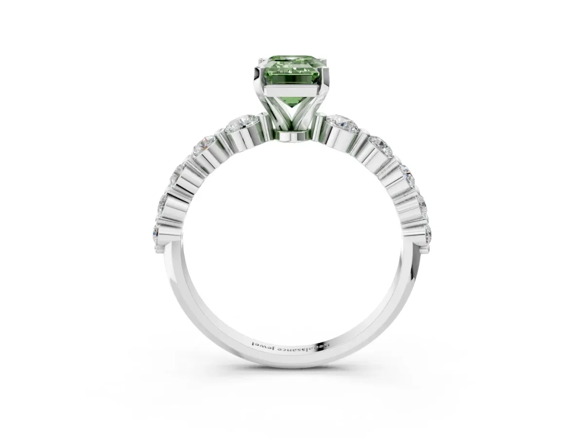 Fancy Green Emerald Cut Solitaire Diamond Ring with Pave Band and Four-Prong Setting Platinum