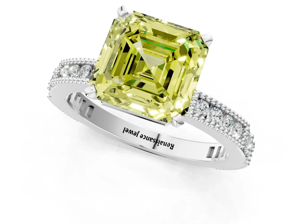 Fancy Yellow Asscher Cut Solitaire with Pavé Band and Four-Prong Setting Silver