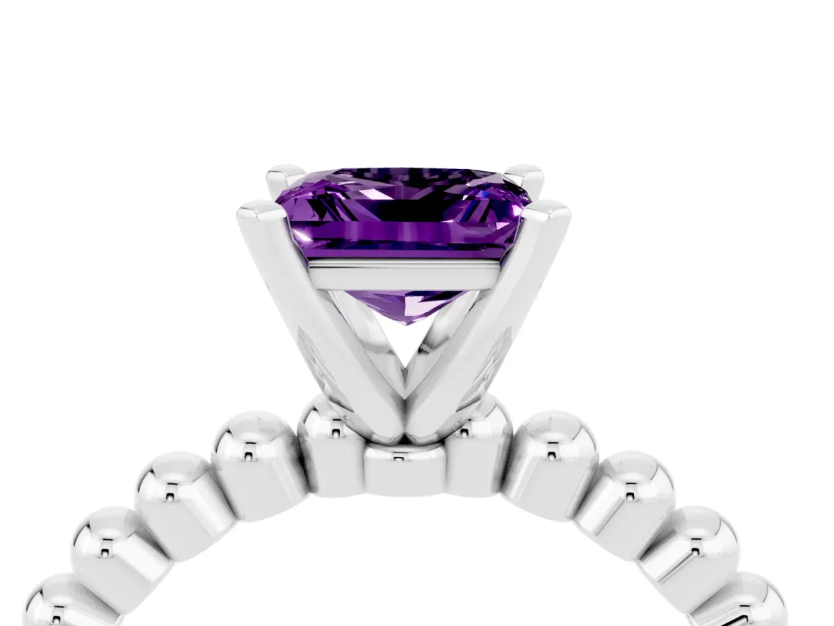 Princess Cut Amethyst Solitaire Ring with Beaded Band and Prong Setting Platinum