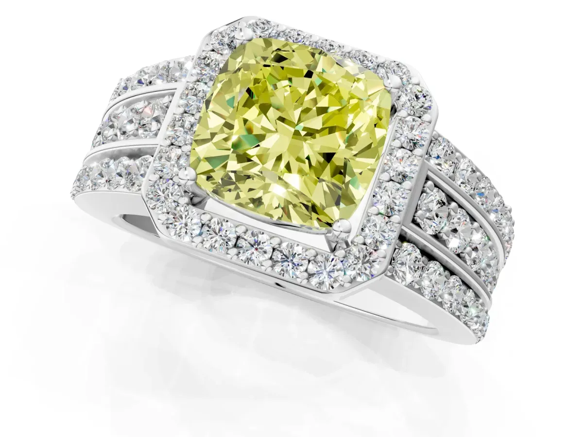 Fancy Yellow Cushion Cut Halo Diamond Ring with Round Split Shank and Prong Setting Platinum