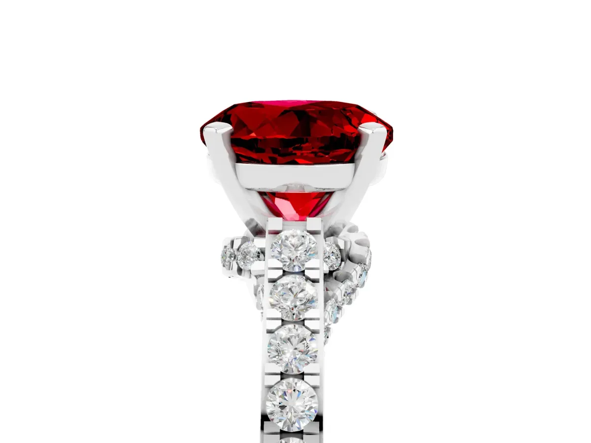 Round Cut Ruby Solitaire Ring with Crossover Gallery and Round Pavé Band Silver