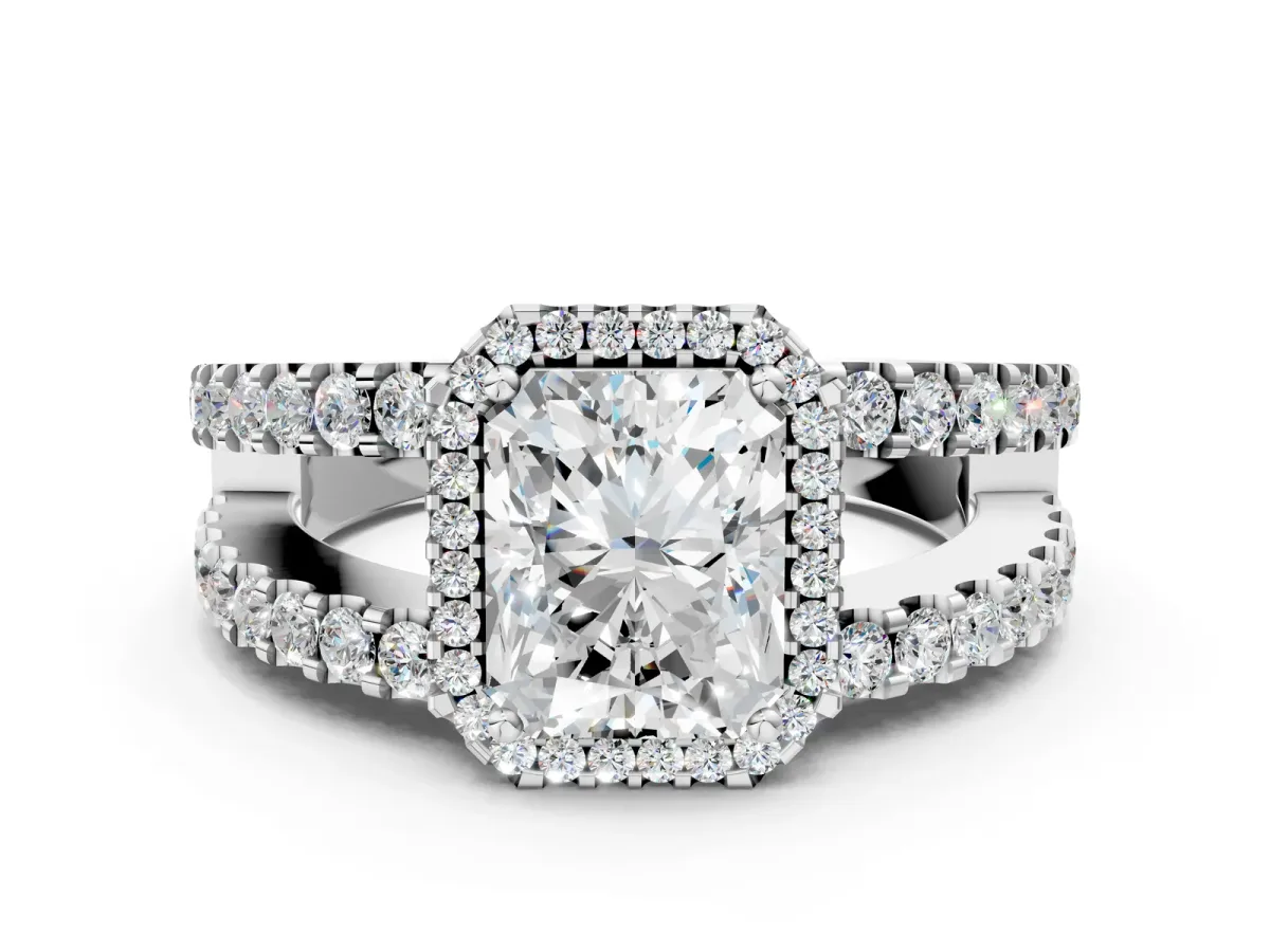 Radiant Cut Cut Halo Split Shank Diamond Ring with Four-Prong Setting Platinum