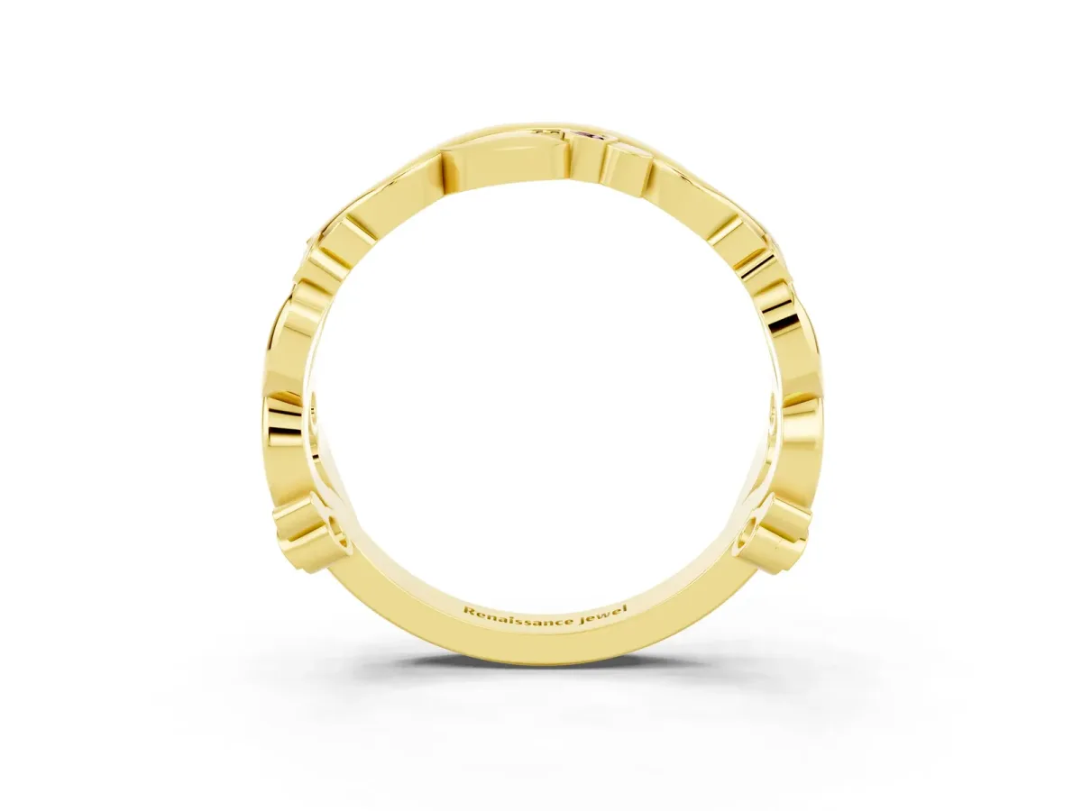 Round Morganite Leaf Eternity Band with Bezel Setting Yellow gold