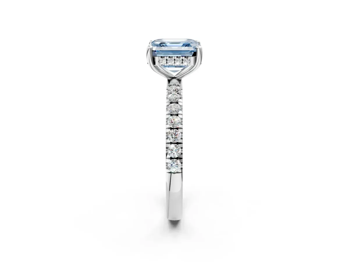 Fancy Blue Asscher Cut Diamond Pave Band Solitaire Ring with Round and Prong Setting Platinum