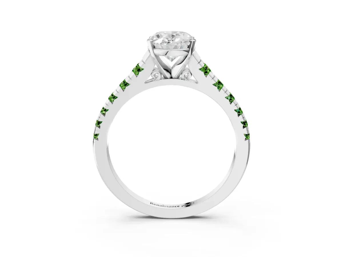 Oval Cut Diamond Cathedral Solitaire Ring with Round Peridot Pavé Band Platinum