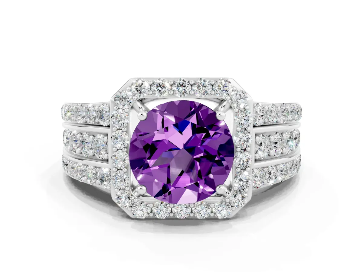 Round Cut Halo Amethyst Ring with Round Split Shank and Prong Setting Silver