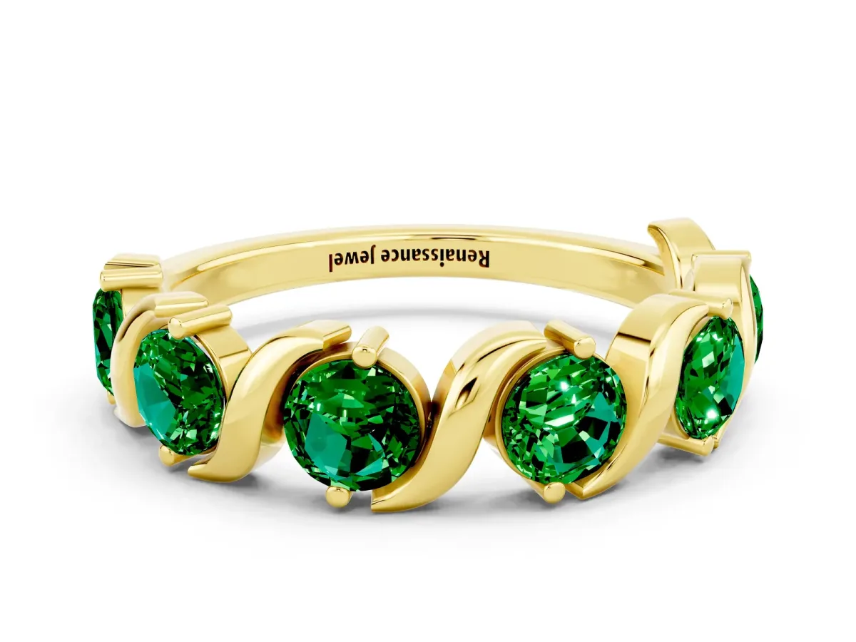 Six-Stone Round Emerald Wave Band with Shared Prong Setting Yellow gold