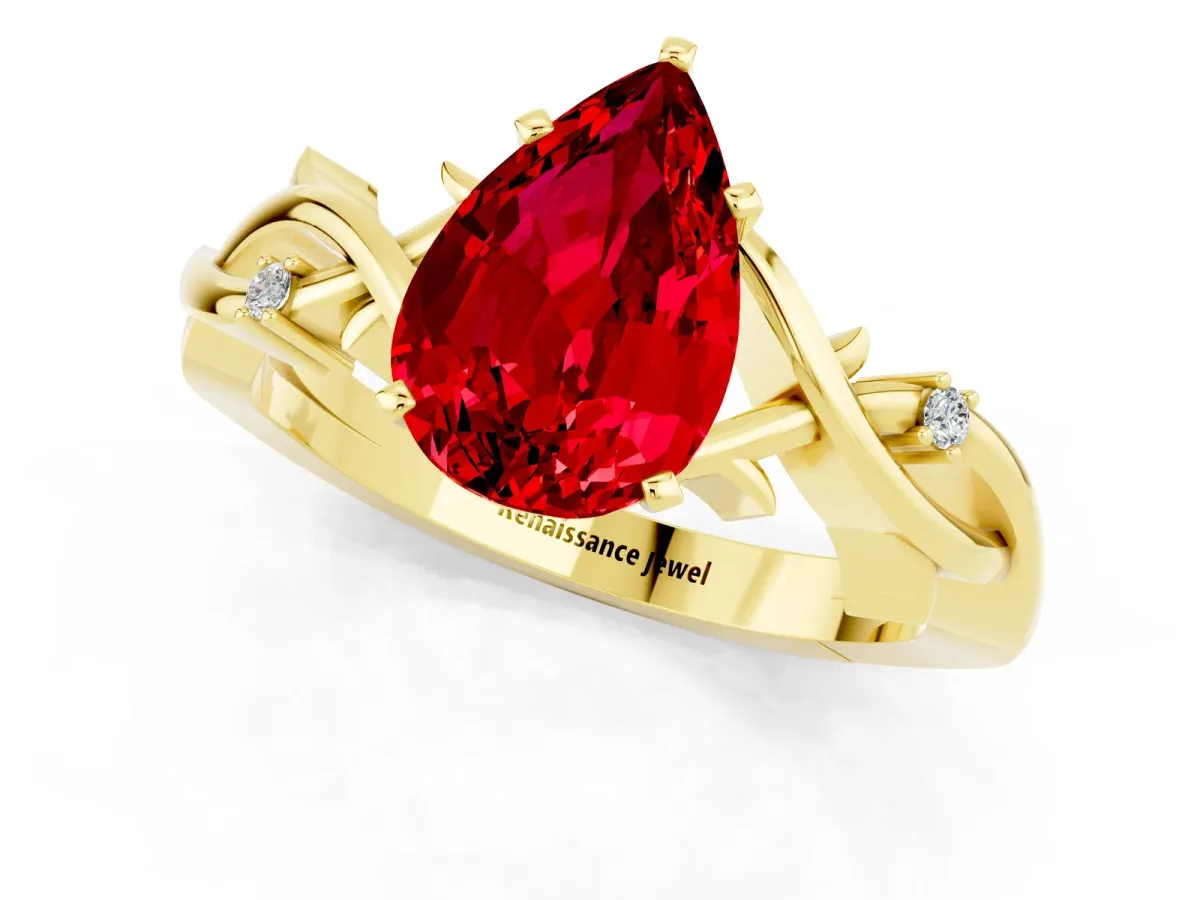 Pear Cut Ruby Solitaire Ring with Twisted Band and Prong Setting Yellow gold