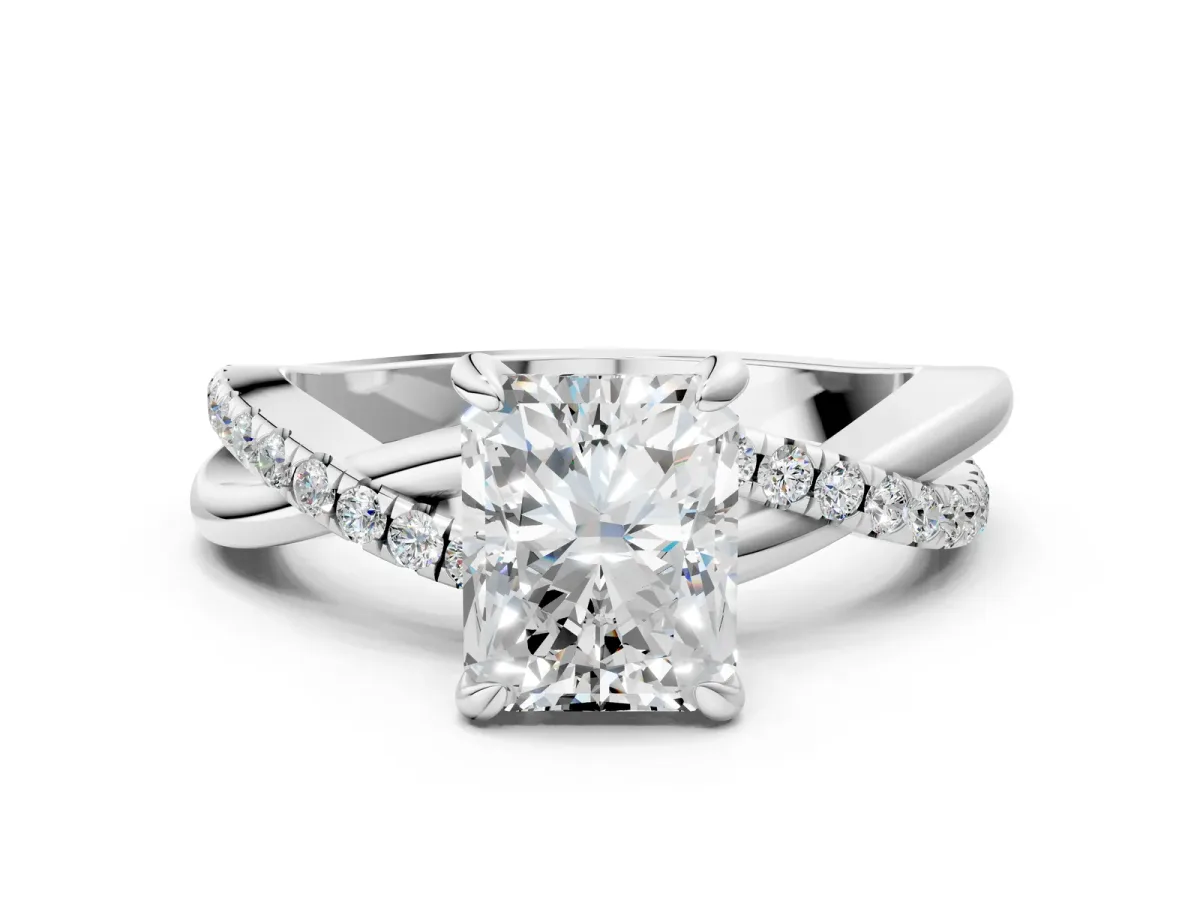 Radiant Cut Cut Twist Band Solitaire Diamond Ring with Pavé Setting Platinum