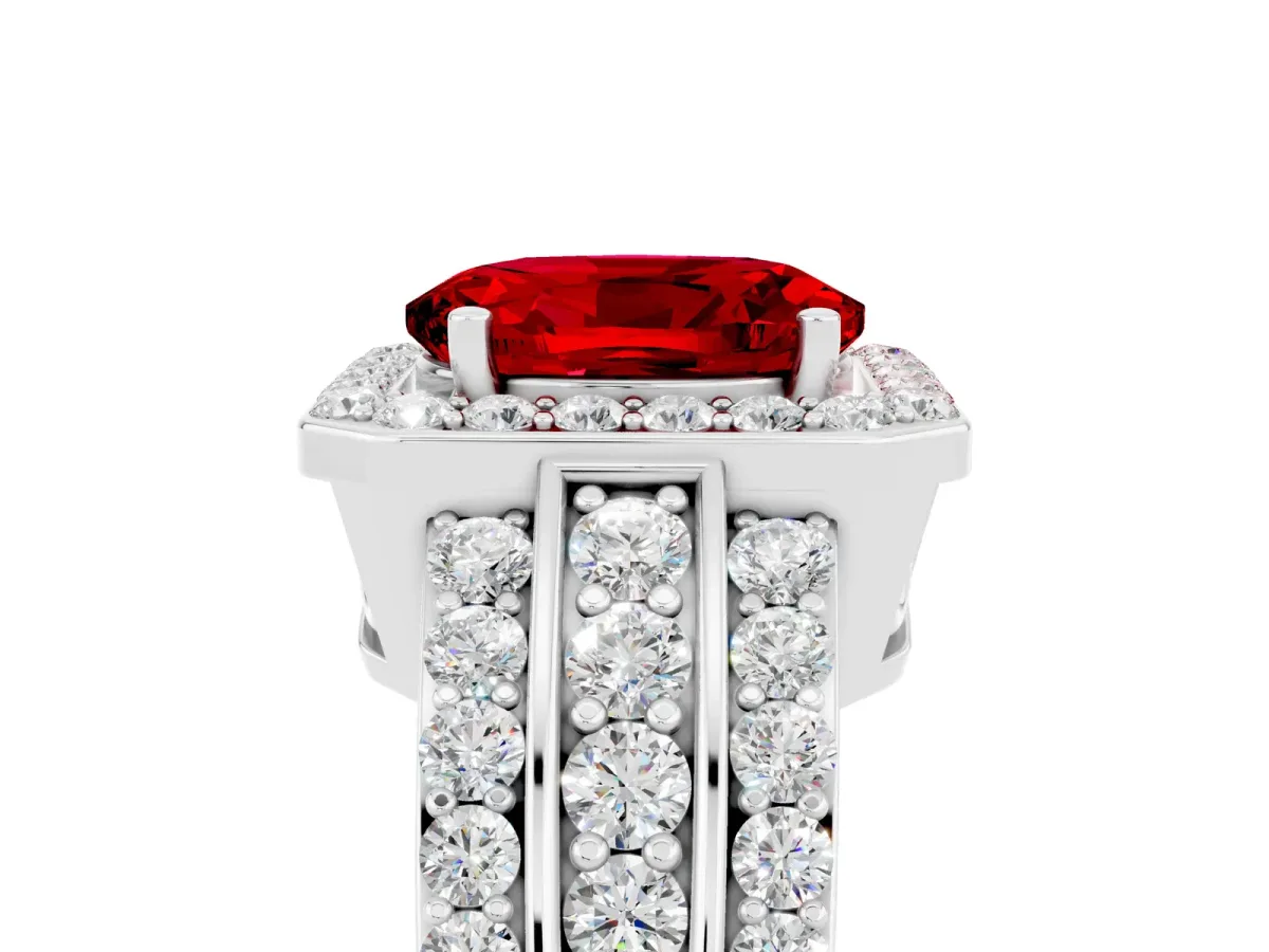 Oval Cut Halo Ruby Ring with Round Split Shank and Prong Setting Silver
