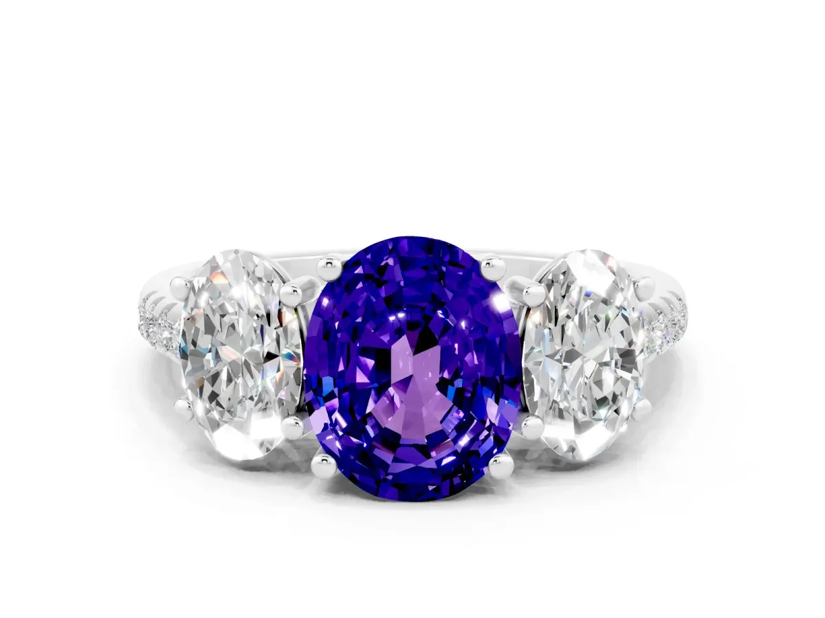 Three-Stone Oval Cut Tanzanite Ring with Round Pavé Band and Prong Setting Platinum