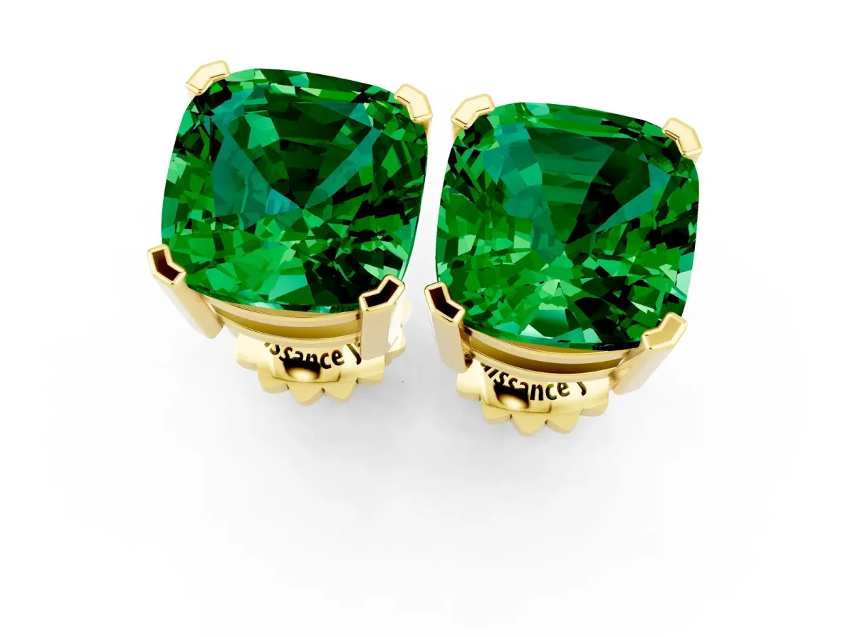 Cushion Cut Emerald Stud Earrings Yellow gold