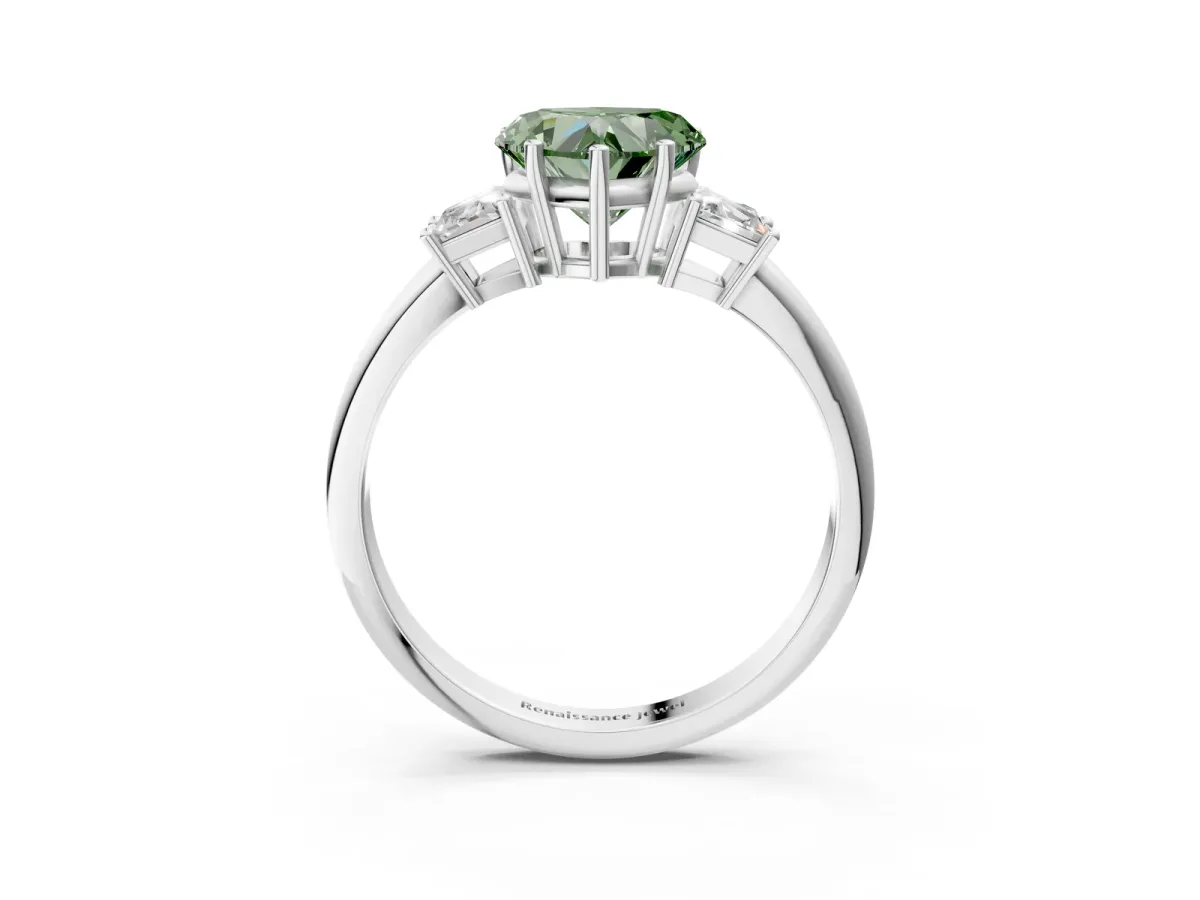Fancy Green Heart Cut Diamond Three-Stone Ring with Trapezoid Side Stones and Prong Setting Silver