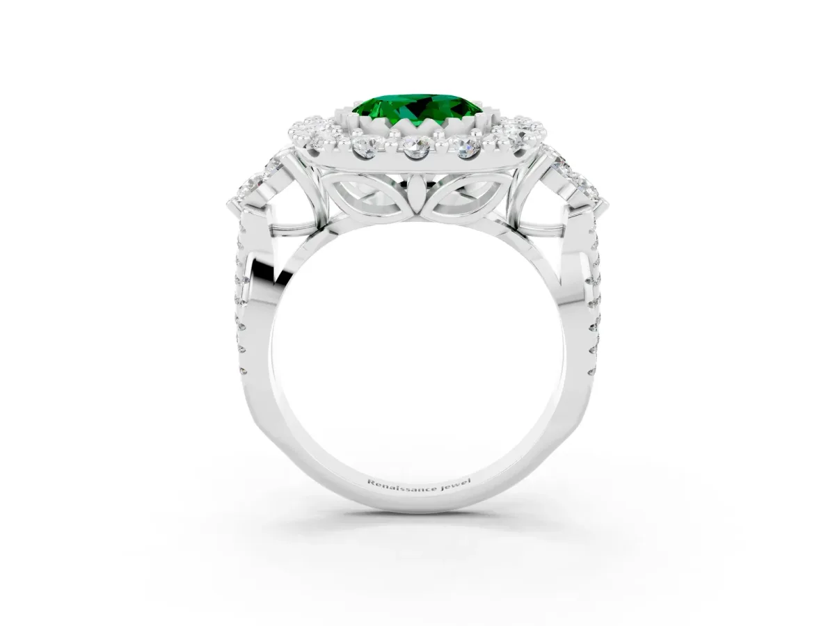 Round Cut Emerald Halo Ring with Pavé Band and Four-Prong Setting Silver