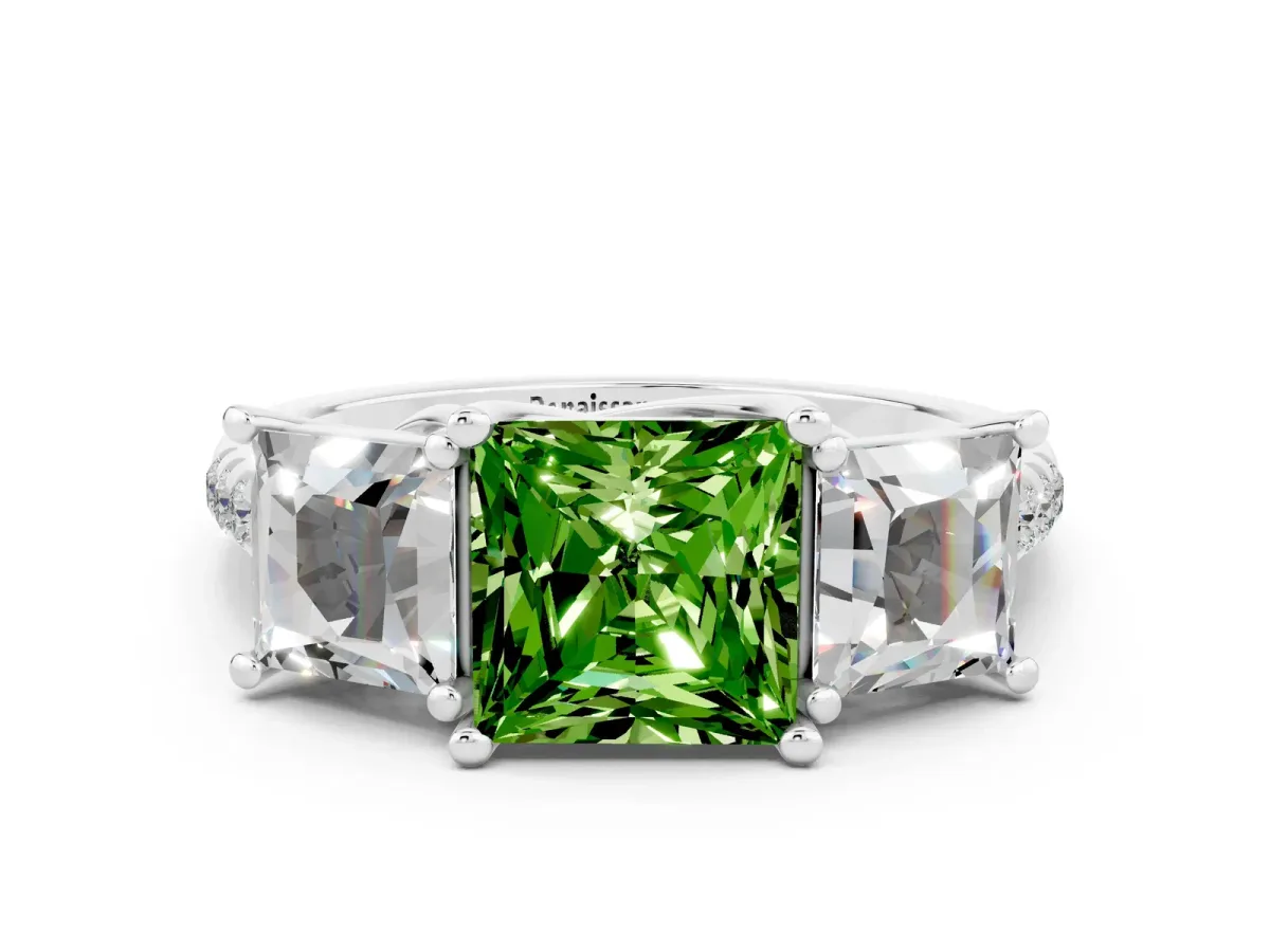 Three-Stone Princess Cut Peridot Ring with Round Pavé Band and Prong Setting Platinum
