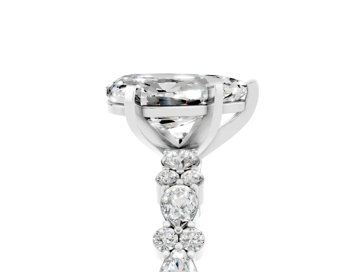 Pear Cut Moissanite Side Stone Solitaire Ring with Round and Four-Prong Setting White gold