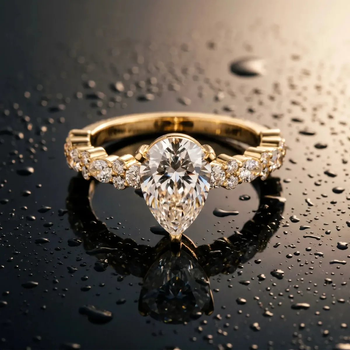 Pear Cut Diamond Side Stone Solitaire Ring with Round and Four-Prong Setting Yellow gold