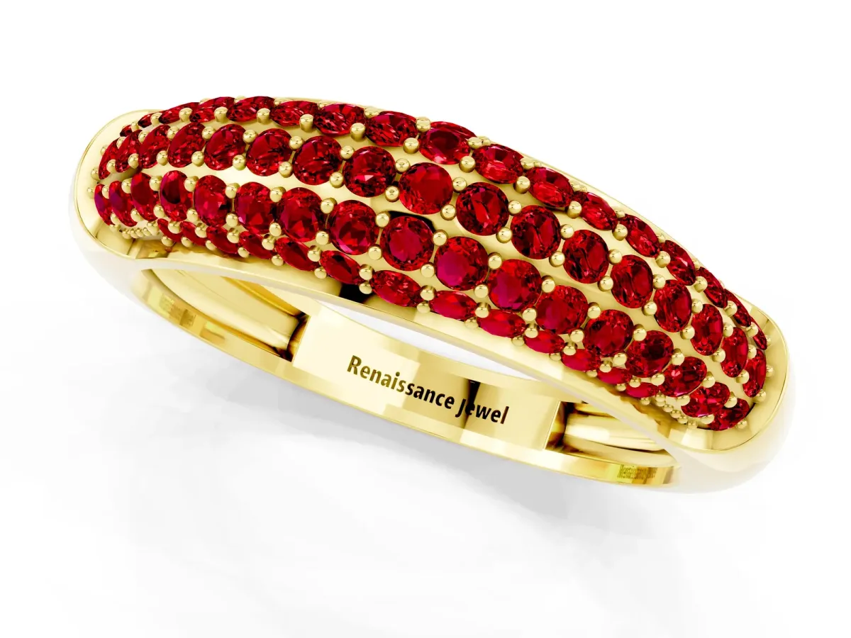 Three-Row Pavé Round Ruby Dome Band Yellow gold