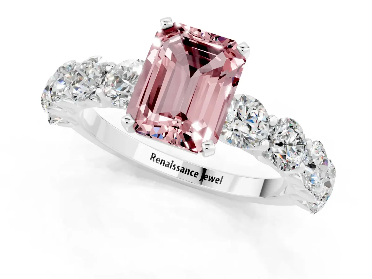 Emerald Cut Morganite Prong Setting with Side Stones on a Pave Band Platinum
