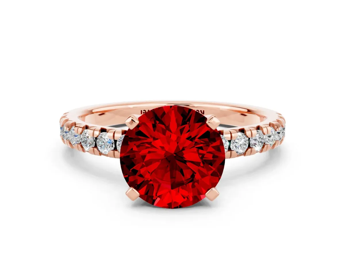 Round Cut Ruby Solitaire Pavé Engagement Ring with Round Band and Prong Setting Rose gold