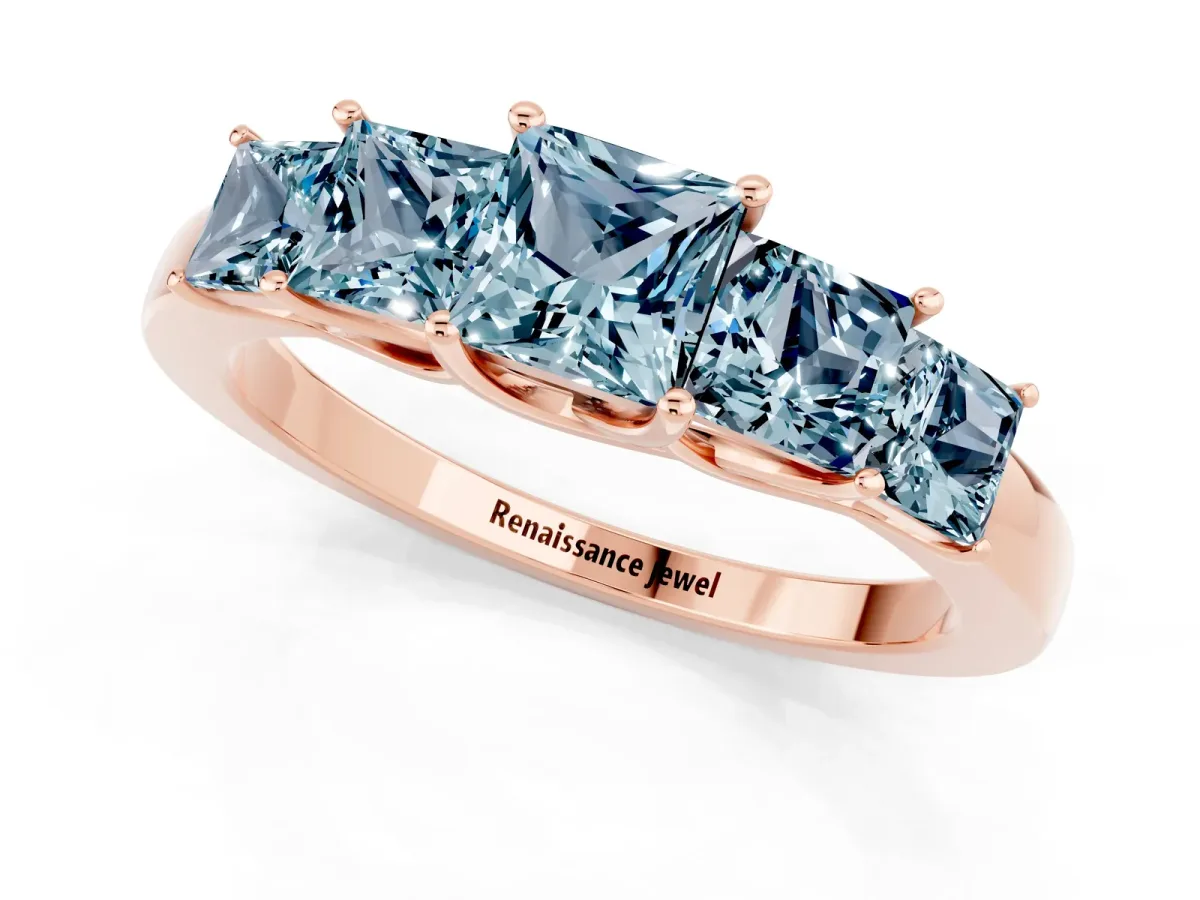 Princess Cut Five-Stone Aquamarine Ring with Classic Prong Setting Rose gold