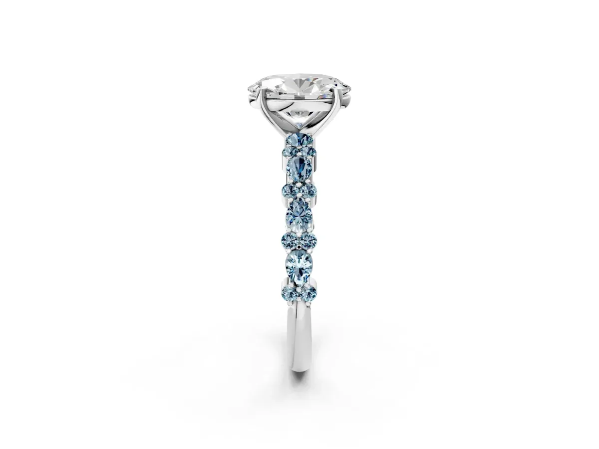 Oval Cut Diamond Side Stone Solitaire Ring with Round Aquamarine and Four-Prong Setting Silver
