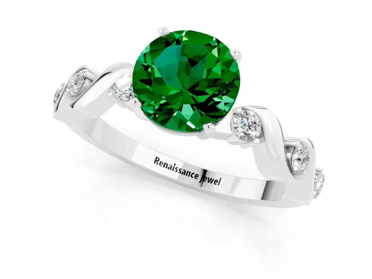 Round Cut Emerald Solitaire Twisted Band with Round Accents and Prong Setting Silver